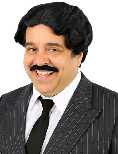 PUREHAIR Short Black Wavy Hair Wig with Mustache for Gothic Family Halloween Costume Funny Cosplay (Adults)