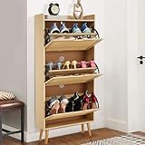 Garvee Rattan Shoe Cabinet with 3 Flip Drawers, Narrow Shoe Storage Organizer with Solid Wood Legs, Freestanding Slim Shoe Rack Cabinet with Anti-Tilt & Top Fence for Entryway Hallway, Natural