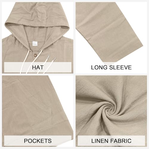 TAFLE Mens Linen Long Sleeve Button Down Shirts with Pockets Casual Hawaiian Beach Shirts Lightweight Fashion Hoodies Overshirt Jacket Khaki