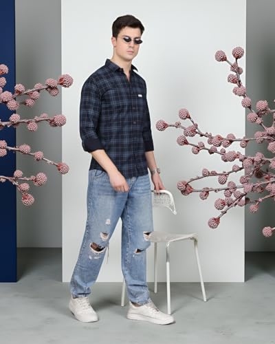 Image of Majestic Man Stylish Slim Fit Cotton Spread Collar Checked Casual Shirt
