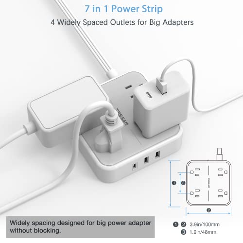 Flat Plug Power Strip, Tessan 5 Ft Ultra Thin Extension Cord With 3 Usb Wall Charger(1 Usb C Port), 4 Outlets Slim Desk Charging Station Compact For Travel, Cruise Ship, And Dorm Room Essentials #TOP2