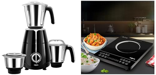 Image of Wipro Elato 1000 Watt, 100% Copper Motor, Mixer Grinder with 3 Jar, Black + Wipro Vesta 2200 watt Indcution Cooktop, Black ((Build Your Home Kit(BYHK))