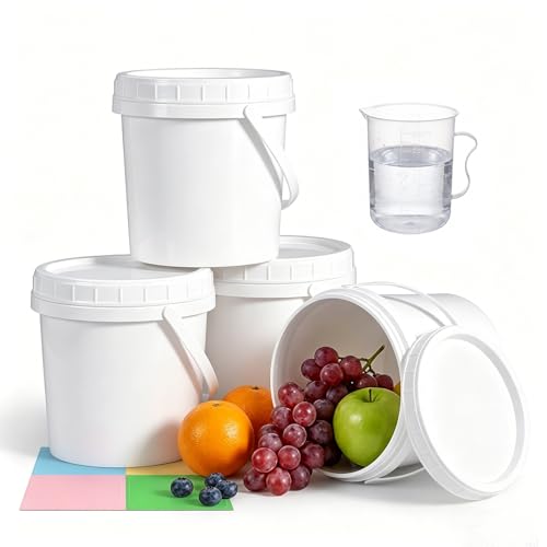 DEMORA 4 Pack 34oz White Plastic Bucket with Screw Lid & Handles Food Grade Heavy Duty Storage Container Pail BPA Free Small for Home Kitchen Multi-Use