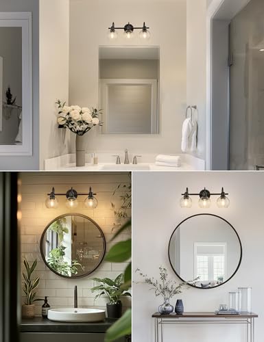 Image of DORESshop 3-Light Black Bathroom Light Fixtures Over Mirror with Clear Globe Glass Shade, Modern Vanity Lights for Bathroom Mirror Living Room Bedroom, ETL Listed