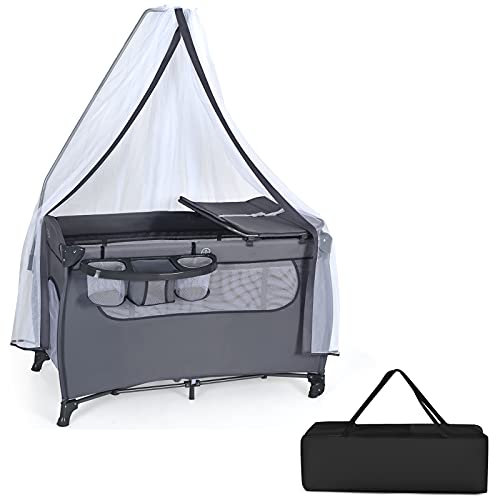 COSTWAY Lit Parapluie Bébé Pliant 3 en 1 avec Matelas Moustiquaire Couffin Table à Langer Roues Verrouillables Panier de Rangement Sac de Transport (Gris)