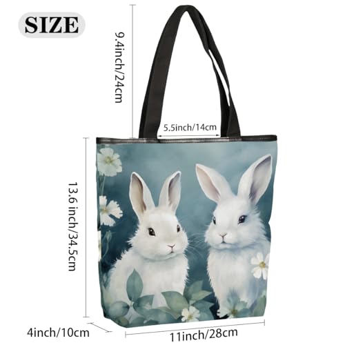 Bunny Rabbit Canvas Tote Bag for Women Large Tote Bag with Zipper & Pockets Canvas Beach Bag Shoulder Bag Reusable Shopping Bags Cute Tote Bags for Work Travel2