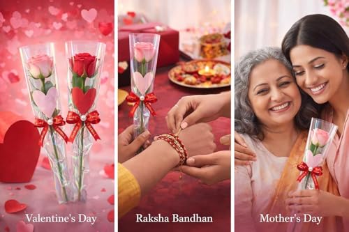 Image of Yadava Artificial Red Rose Flower for Valentine Day Gift Romantic Gift for Girlfriend Boyfriend Husband Wife | Cute Star Keychain, Message Bottle & Love Cards in Premium Gift Box (Rose packOf6)