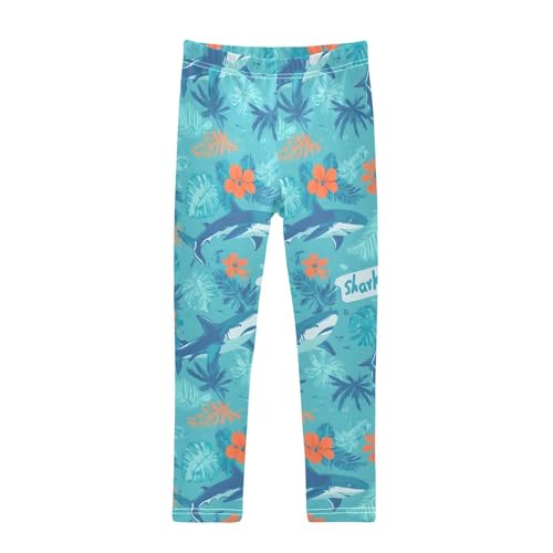 ALAZA Girls' Leggings Children's Yoga Pants Skinny Printed Dance Shark Flower Blue Comfortable 4T