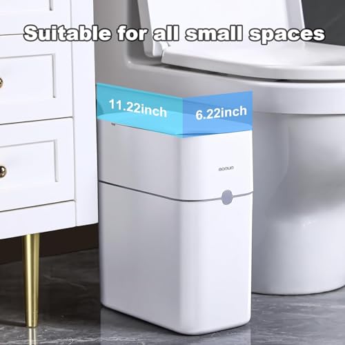 Image of MOPUP Bathroom Trash Can, Automatic Bagging Garbage Can, 3.5 Gallon Slim Smart Small Plastic Trash Bin, Narrow Motion Sensor Trash Can for Bedroom, Office White