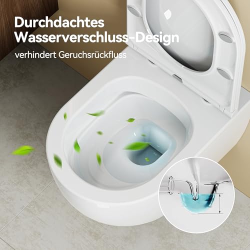 HOROW Wand WC Spülrandlos, Toilette WC mit Toilettendeckel mit Absenkautomatik, Hänge WC Runde mit Breiter Toilettensitz, Toilettenschüssel Weiß mit Nano, 52,5 cm lang