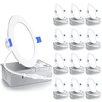 Ensenior 12 Pack 4 Inch LED Recessed Light, Dimmable, 6000K Clear White, 750LM High Brightness, 9W 120V, 2 Pin, ERL-9X-ETL, Damp Rated, Ultra-Thin Canless Wafer Ceiling Light - ETL & FCC & IC