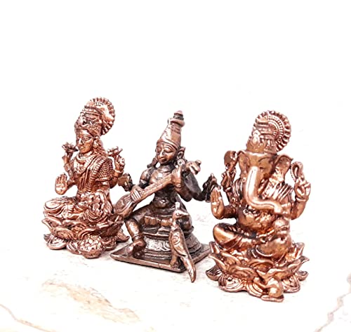 Image of Copper Idols of god Lakshmi, Saraswathi and Ganesh, 164 Grams, Patina Antique Finish, Pack of 1 Piece