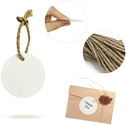 Lot of 100 Round Kraft Paper Labels Blank Labels with 20m Hemp Ribbon for Gift Decorations, Signals, Etc(White)