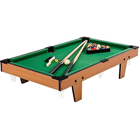 GAMES PLANET Mini Pool Billardtisch Micro inkl. Zubehör (2 Queues, Kugeln, Dreieck, Kreide, Bürste), 3 Dekore, Maße: 92 x 52 x 19 cm, helles Holzdekor Cover
