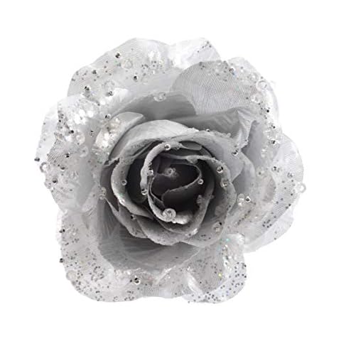 Kaemink 14cm Pes Rose On Clip - Silver Artificial Flower Realistic Look Xmas Decoration Cover