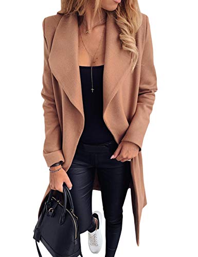 ECDAHICC Womens Trench Coat Long Sleeve Pea Coat Notch Lapel Open Front Long Jacket Outwear Cardigan with Belt (KH-M) Khaki