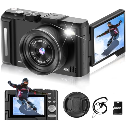 Digital Camera 4K for Photography, 50MP Vlogging Camera for YouTube Video with Flash and 3" 180° Flip Screen, 18X Digital Zoom Compact Travel Cameras with 64GB TF Card for Teens Beginner (Black)