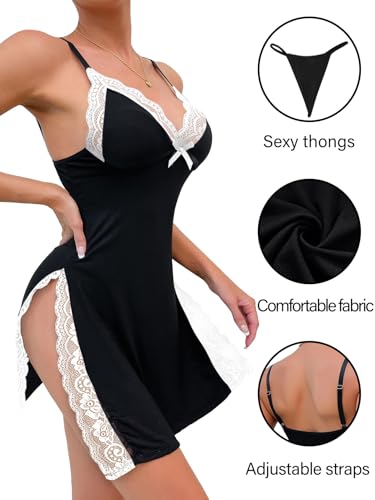 Image of Foxiny Sexy Split Side Floral Lace Trim Full Slip Night Gown Babydoll Lingerie Dress with Thong 2 piece