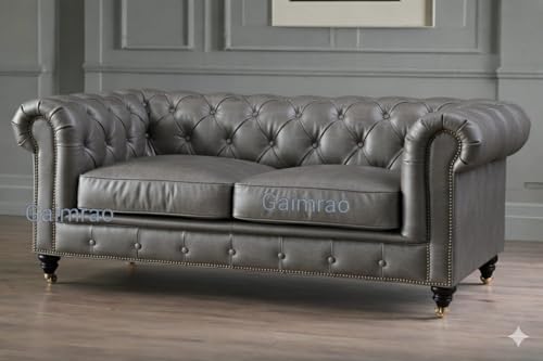 Image of Classic Leatherette Chester Sofa Set Button Tufted, Classic Style Sofa Set for Living Room, Office, and Hallway Colour (Grey Leatherette, 3+2 = 5 Seater Sofa)