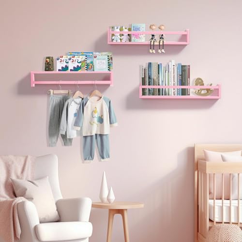 Image of WooDinto Wall Shelves for Living Room, Bedroom | Wall Mounted Shelf | Wall Hanging Storage Unit | Wall Organiser Shelf (Floating Set of 3 - Pink - 24 Inch)
