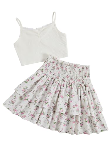 Image of RoseSeek Girl's 2 Piece Outfits Lace Ruched Camisole Tops and Shirred High Waisted Layered Floral Skirts Set