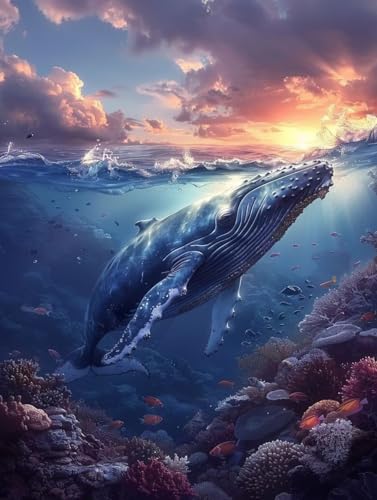 ペイントバイナンバー 鯨 ナンバーペイント 海 大人用 初心者向け 手塗り 塗り絵 ハンドメイドクラフトアート 簡単 DIY 数字油絵 セット 含む インテリア アクリル 水彩絵の具, レトロ インテリア 壁飾り ホームデコレーション ギフト 額縁付き 8