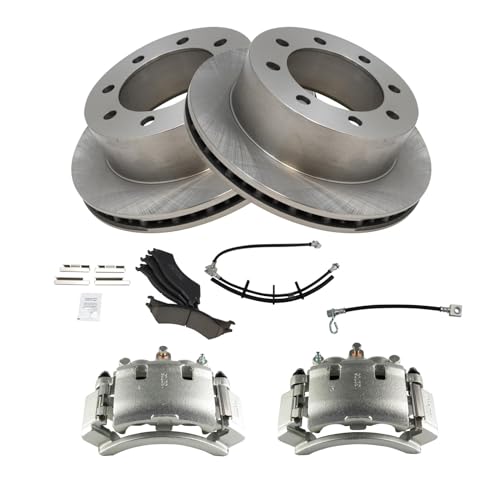 Image of TRQ Rear Brake Pad, Caliper, Hose, & Rotor Kit Ceramic Compatible with 2003-2007 Ford E-250 2000-2002 E-250 Econoline
