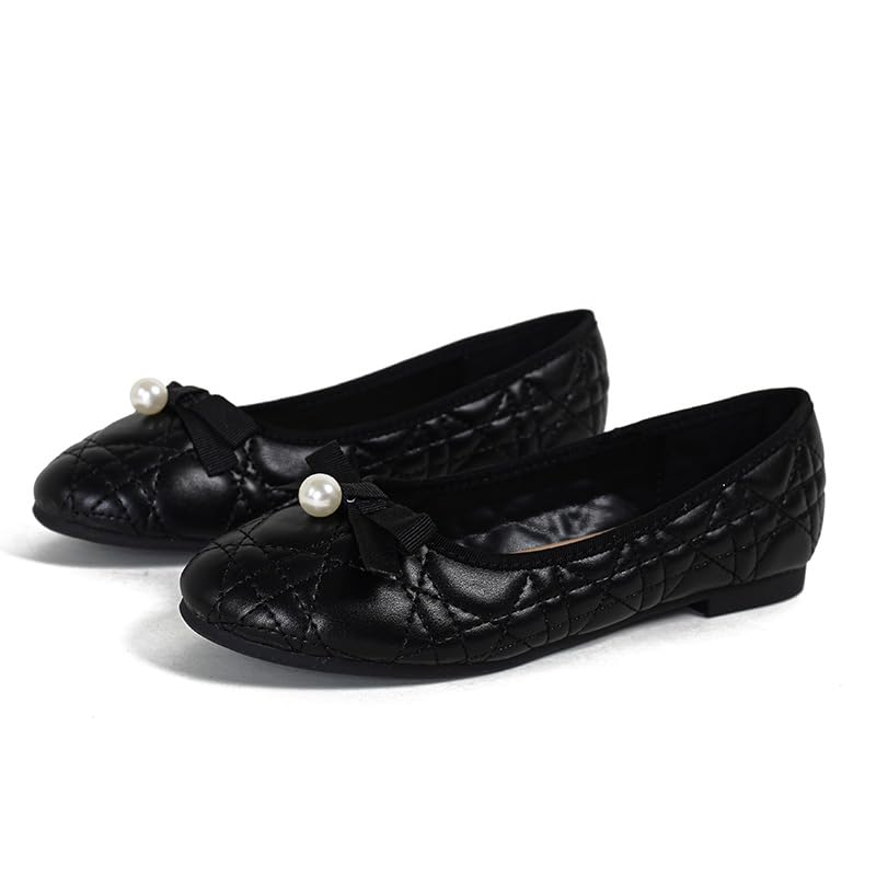 Mary Jane Flats for Women Round Toe Ballet Flats with Pearl Bowknot PU Leather Slip On Dress Shoes Lightweight Walking Shoes3