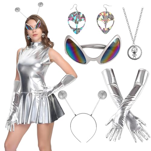 Juego de disfraz de alienígena,Antena Alienígena Diadema,Gafas alienígenas de Sol,guantes alien pendientes para mujer,accesorios de disfraz alienígena cosplay,Fiestas Alienígenas Halloween Carnaval