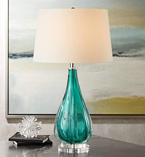 Possini Euro Design Claudette Modern Table Lamp 27" Tall Turquoise Blue Green Glass Wave Pattern White Tapered Drum Shade for Bedroom Living Room House Home Bedside Nightstand Office Kids Family