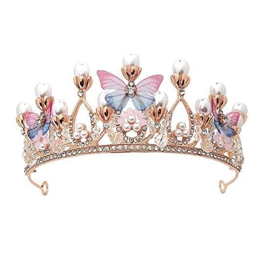 Princess Tiara Crown for Girls & Women | Butterfly Pearl Crystal Rhinestone Crown Headband | Birthday Party, Wedding, Fancy Dress, Princess Costume Accessories | Rose Gold-image-14