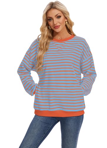 LOZ Women Striped Oversized Sweatshirt Long Sleeve Crewneck Hoodies Shirts Pullover Top Trendy Clothes with Pockets2