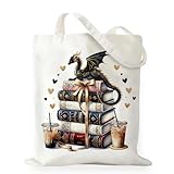 RNYJJ Book Dragon Canvas Tote Bag, Fantasy Book Lover Gifts, Christmas Birthday Gift for Reader Bookworms Book Nerds Librarian