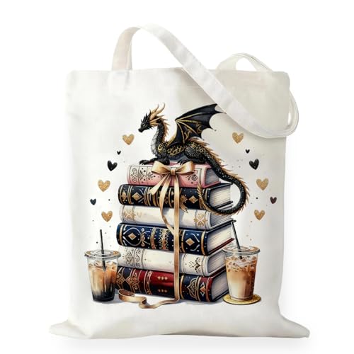 RNYJJ Book Dragon Canvas Tote Bag Fantasy Book Lover Gifts Christmas Birthday Gift for Reader Bookworms Book Nerds Librarian