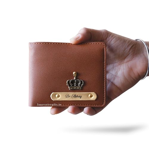 Image of Innovative Gifts Men's Personalized Wallet I Stylish Vegan Leather Slim Purse with Name & Charm I Customized Unique Gift for Birthday Anniversary Men Boy Love Husband Employees Clients (Tan)
