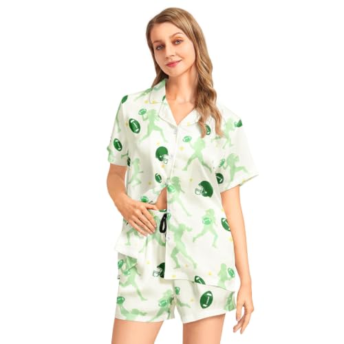Image of Funny Pajamas for Women Set Print Satin Loungewear Pjs Short Sleeve Button Down Top and Shorts Sets Sleepwear XS-3XL