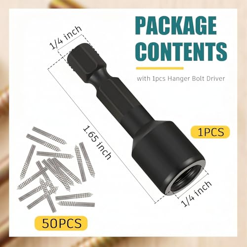 Image of Hicarer 50 Pack 1 /4-20 x 1-1 /2 Inch Hanger Bolts Double Headed Bolts with Driver Self Tapping Screw Threaded Rod Screws for Furniture Double Headed for Wood Furniture Joint, Silver
