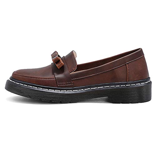 Odema sapato feminino de salto baixo Oxford bico redondo sem cadarço, Marrom, 10.5