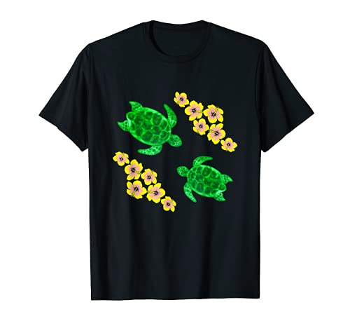 Linda Honu Verde Sea Tortugas Hawaii Hibiscus Flores Camiseta