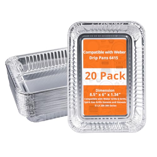 SilvaKoon 20 Pack Grill Drip Pans Compatible with Weber 6415 Grill Accessories Genesis Traveler Q Series Disposable Aluminum Foil Grease Trays 8.5 X 6 (20 Pack)
