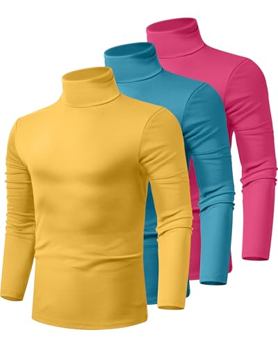Ficerd 3 Pack Men's Turtleneck Shirts, Long Sleeve Cotton Pullover Sweaters Mock Neck Knitted T-Shirt Basic Slim Fit Tops