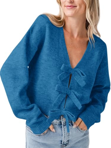 Image of Saodimallsu Womens Bow Sweater Cropped V Neck Long Sleeve Pullover Tops | Soft Cozy Knit, Two-Way Wear Design, Front & Back Bow, Cute Fall Tops 2026, Winter Fashion, Dressy Casual Holiday Outfits