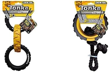 Tonka Remolcador de goma de 3 anillos de 10.5 pulgadas y cuerda de banda de rodadura de 15 pulgadas, juguetes para perros para razas grandes