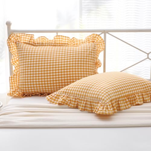 Mywinlle Mustard Yellow Gingham Ruffle Pillow Shams Standard Size Set of 2