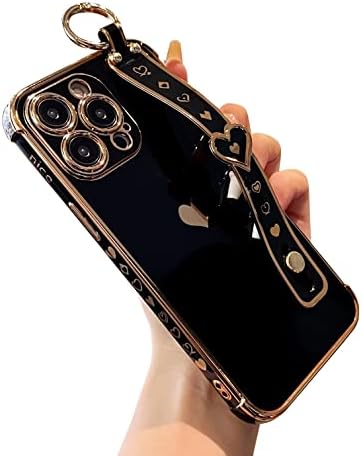 DEFBSC for iPhone 15 Pro Max Case with Wrist Strap, Cute Side Love Heart Plating Edge Phone Case with Heart Pattern Wristband Finger Holder Stand Soft TPU Bumper Shockproof Protective Case - White