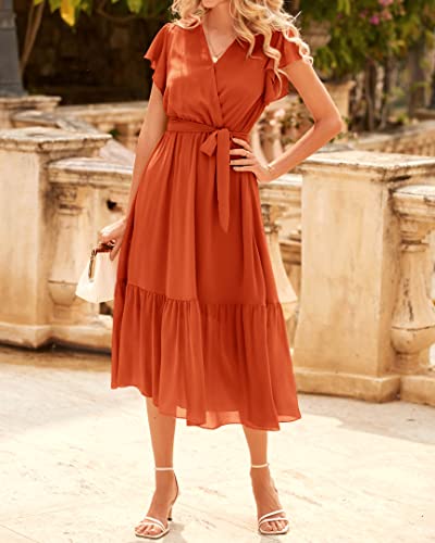 Image of BTFBM Women Summer Bohemian Floral Casual Wrap V Neck Ruffle Cap Sleeveless Belt A-Line Pleated Hem Midi Sun Dress White