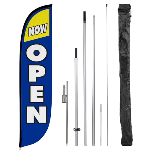 Image of LookOurWay Feather Flag Pole Kit - 12 Feet Tall Advertising Flag Banner with Fiberglass Pole Kit and Ground Spike for Business Promotion - Grand Opening Flags - Now Open Blue & Yellow (10M1200029)