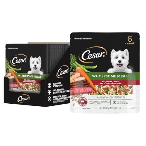 Image of Cesar Wholesome Meals Wet Dog Food Pouch, Beef & Chicken, 17.6 oz, 6 Count | Carrots, Barley & Green Beans, beef #1 ingredient, fresh vegetables, no by-products, slow-cooked, resealable pouch