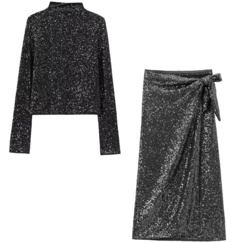 Conjunto de camiseta de manga larga con cuello alto y lentejuelas para cenas de gala