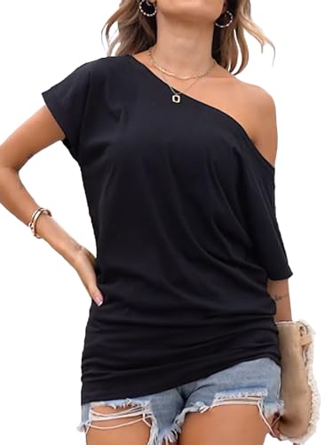 Poetsky Women's Summer Off Shoulder Shirts Casual Loose Short Sleeve Tunics Tops
